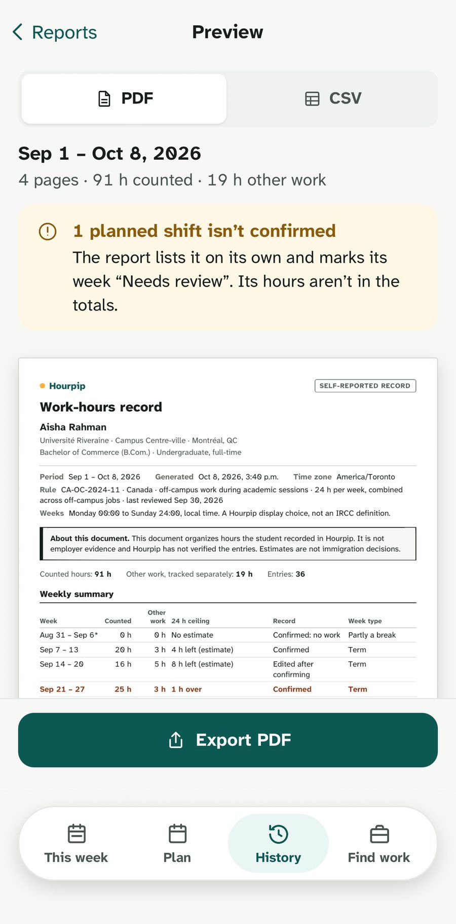 A PDF work-hours report preview