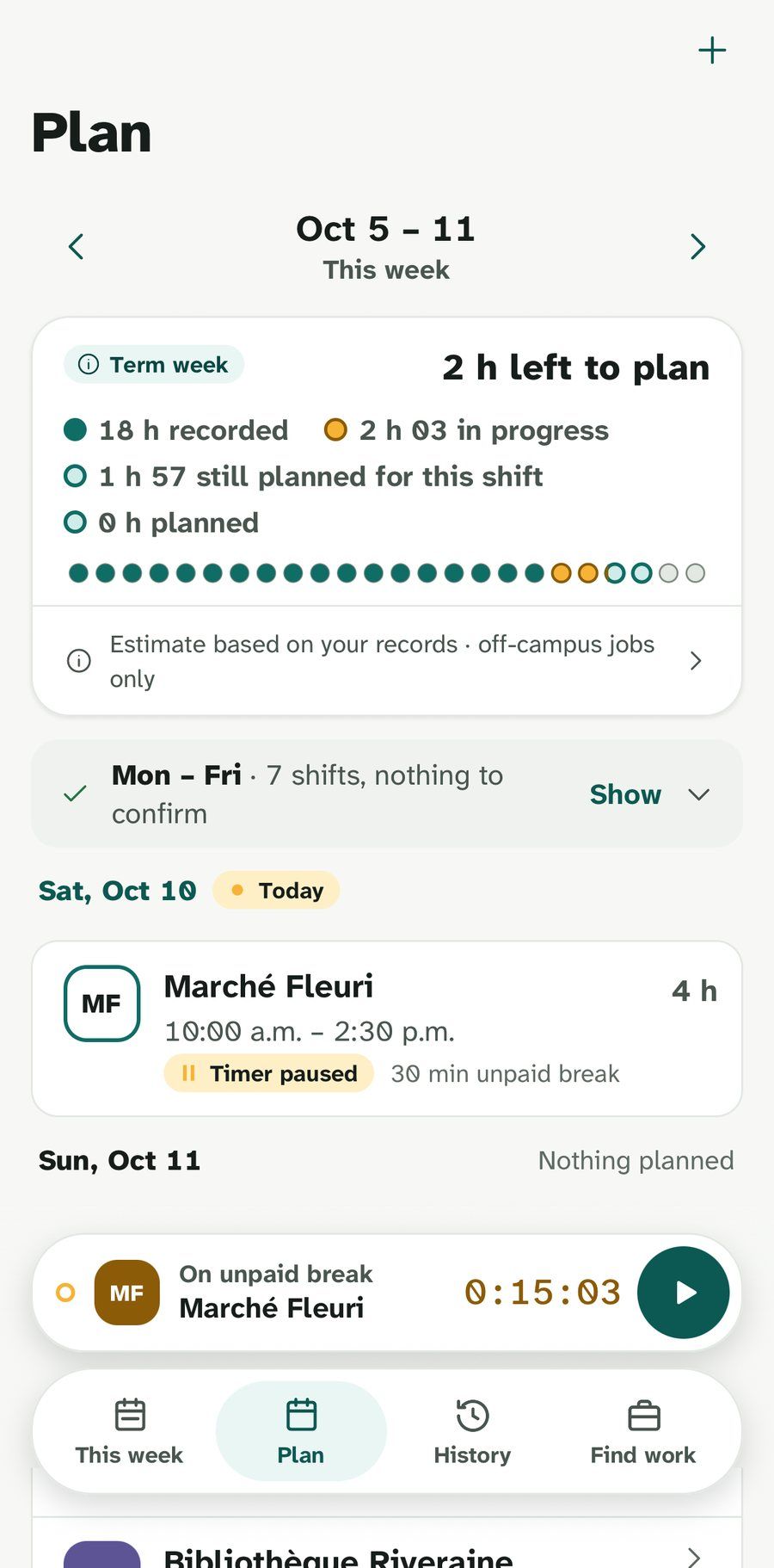 The Plan screen for Oct 5 to 11