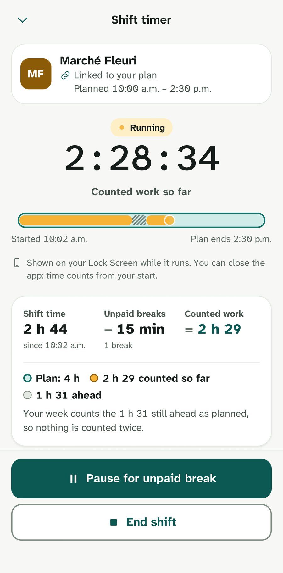 The shift timer running at 2:28:34